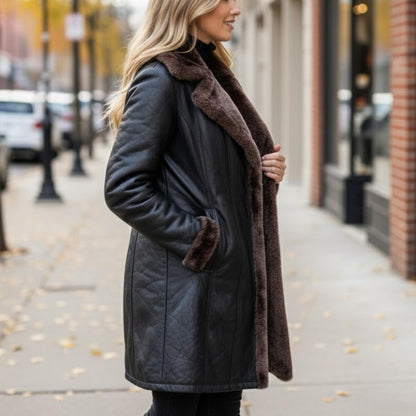Handmade Black Leather Fur Coat – Penny Lane Style Shearling for Winter