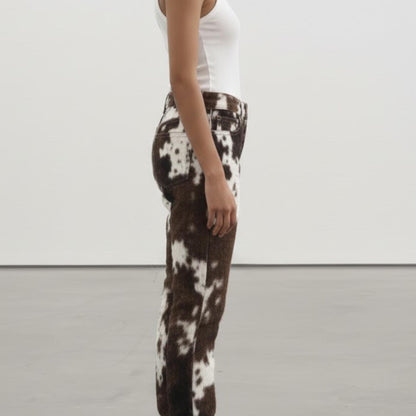 Cow Print Faux Fur Pants | Y2K Western Jeans | High Waisted Animal Print Trousers