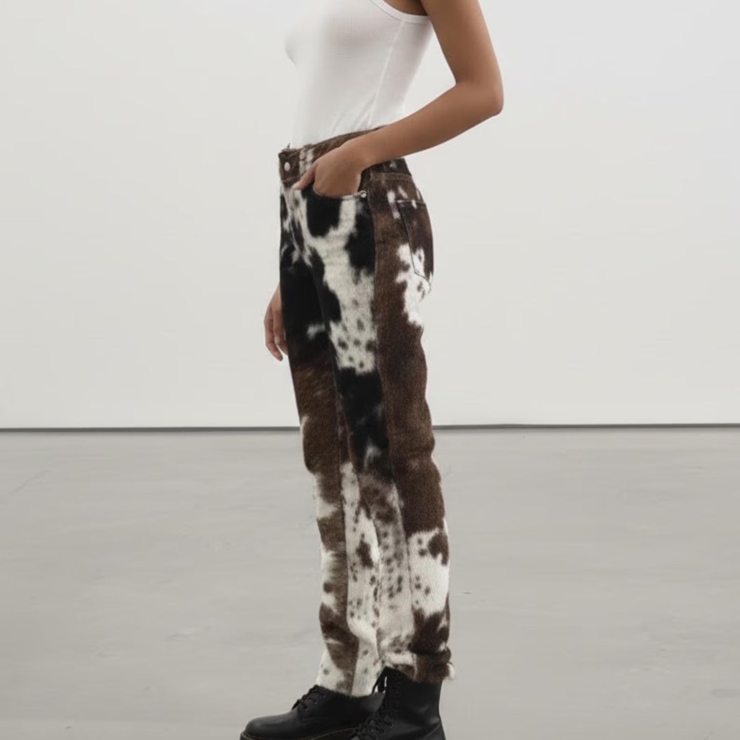 Cow Print Faux Fur Pants | Y2K Western Jeans | High Waisted Animal Print Trousers
