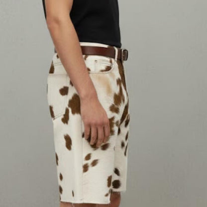 Genuine Hair-on Cowhide Shorts for Men | Brown and White Animal Print Western Cowboy Shorts
