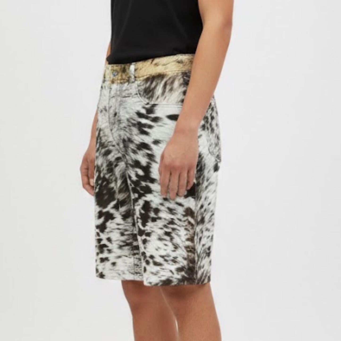 Genuine Cowhide Pony Hair Shorts for Men - Black and White Spotted Cow Print Shorts