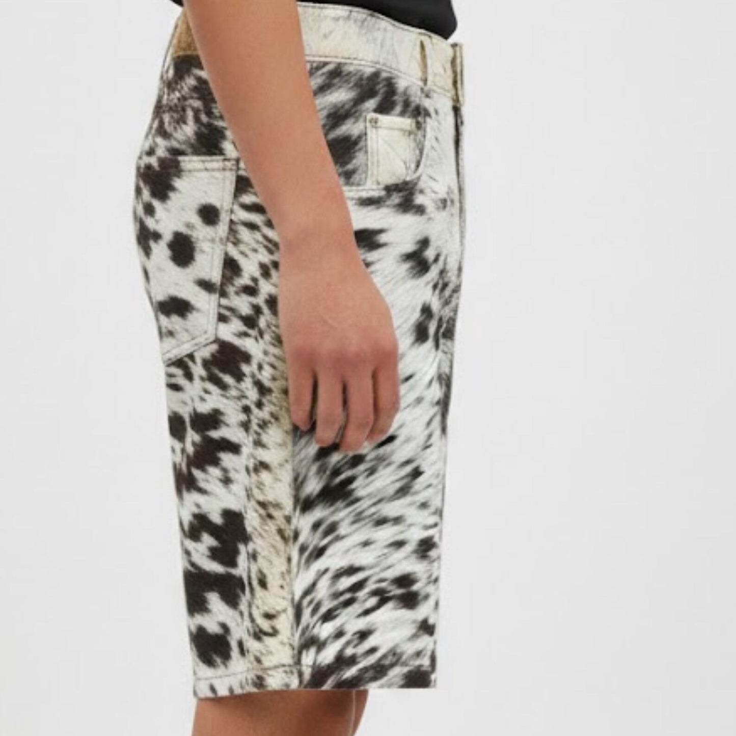 Genuine Cowhide Pony Hair Shorts for Men - Black and White Spotted Cow Print Shorts