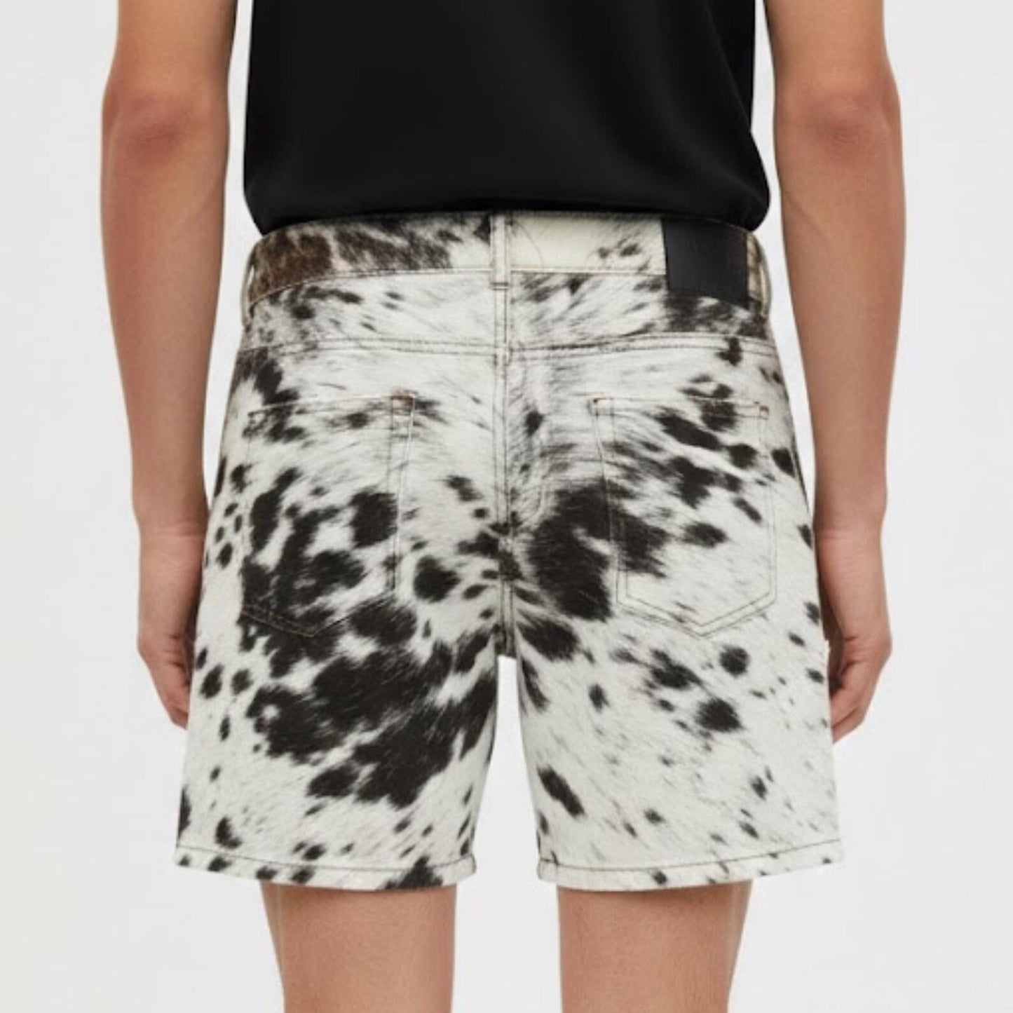 Genuine Cowhide Pony Hair Shorts for Men - Black and White Spotted Cow Print Shorts