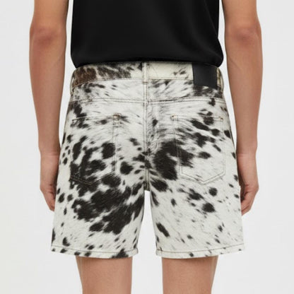 Genuine Cowhide Pony Hair Shorts for Men - Black and White Spotted Cow Print Shorts