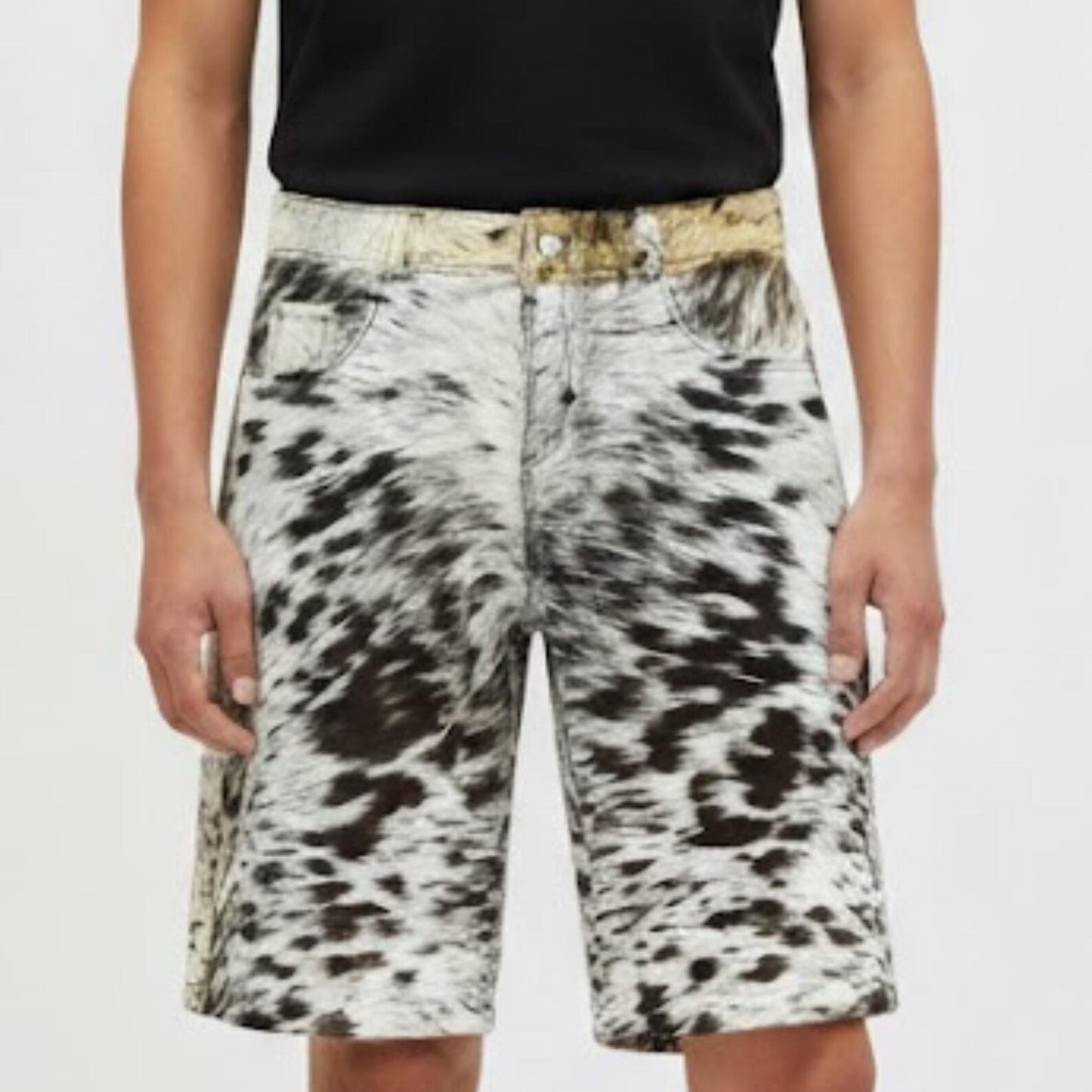 Genuine Cowhide Pony Hair Shorts for Men - Black and White Spotted Cow Print Shorts