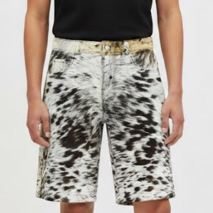 Genuine Cowhide Pony Hair Shorts for Men - Black and White Spotted Cow Print Shorts