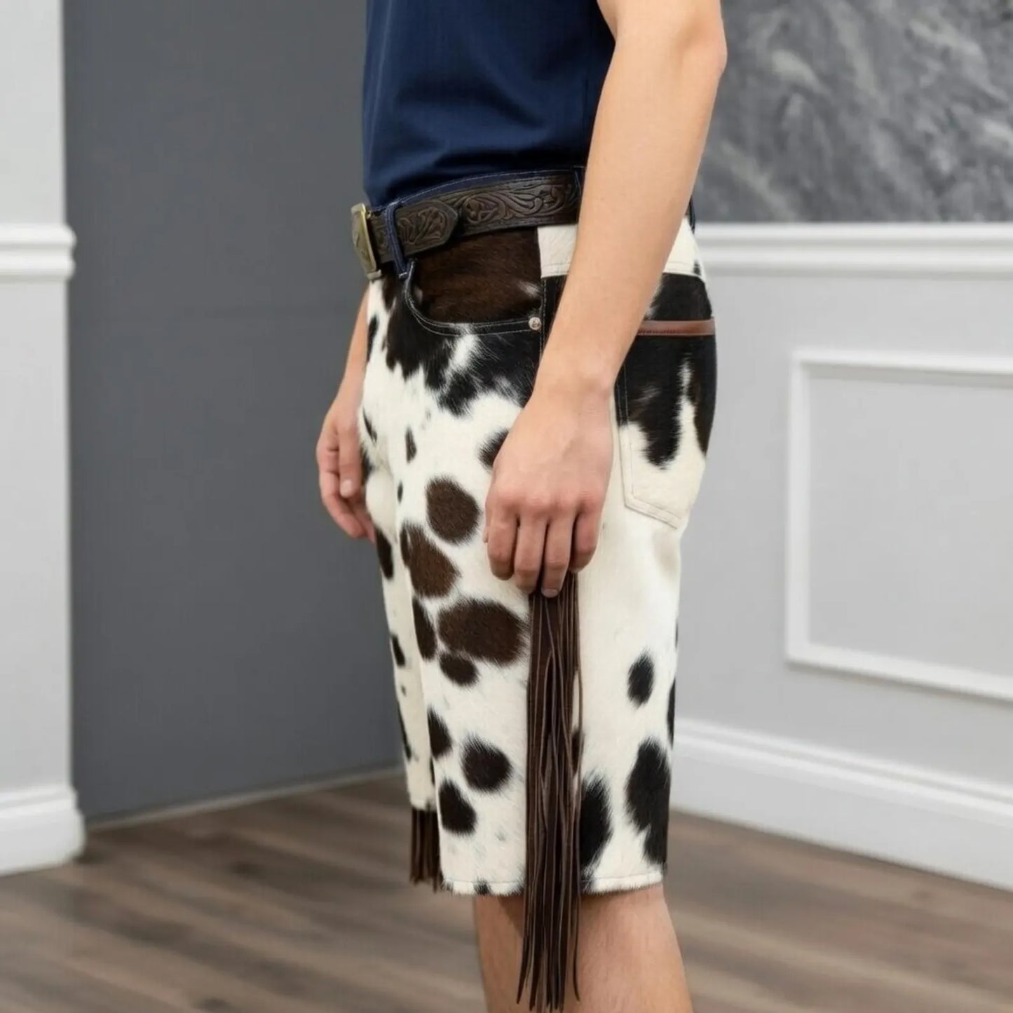 Custom Fringe Cowhide Shorts Mens Western Rodeo Wear Real Hair On Leather Spotted Tassels