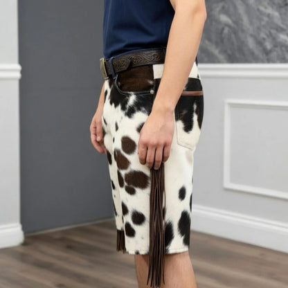 Custom Fringe Cowhide Shorts Mens Western Rodeo Wear Real Hair On Leather Spotted Tassels
