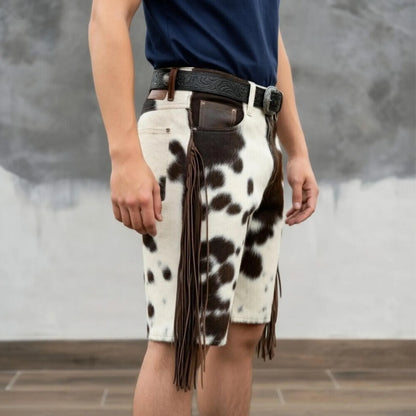 Custom Fringe Cowhide Shorts Mens Western Rodeo Wear Real Hair On Leather Spotted Tassels