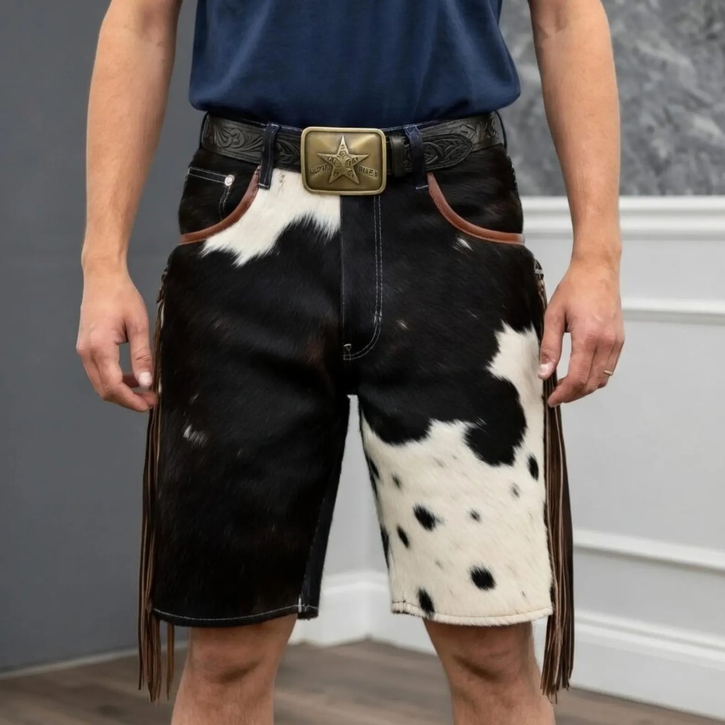Custom Fringe Cowhide Shorts Mens Western Rodeo Wear Real Hair On Leather Spotted Tassels