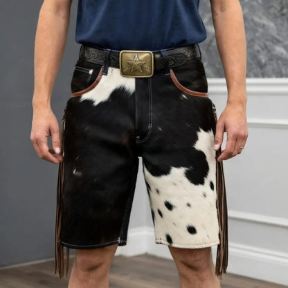 Custom Fringe Cowhide Shorts Mens Western Rodeo Wear Real Hair On Leather Spotted Tassels