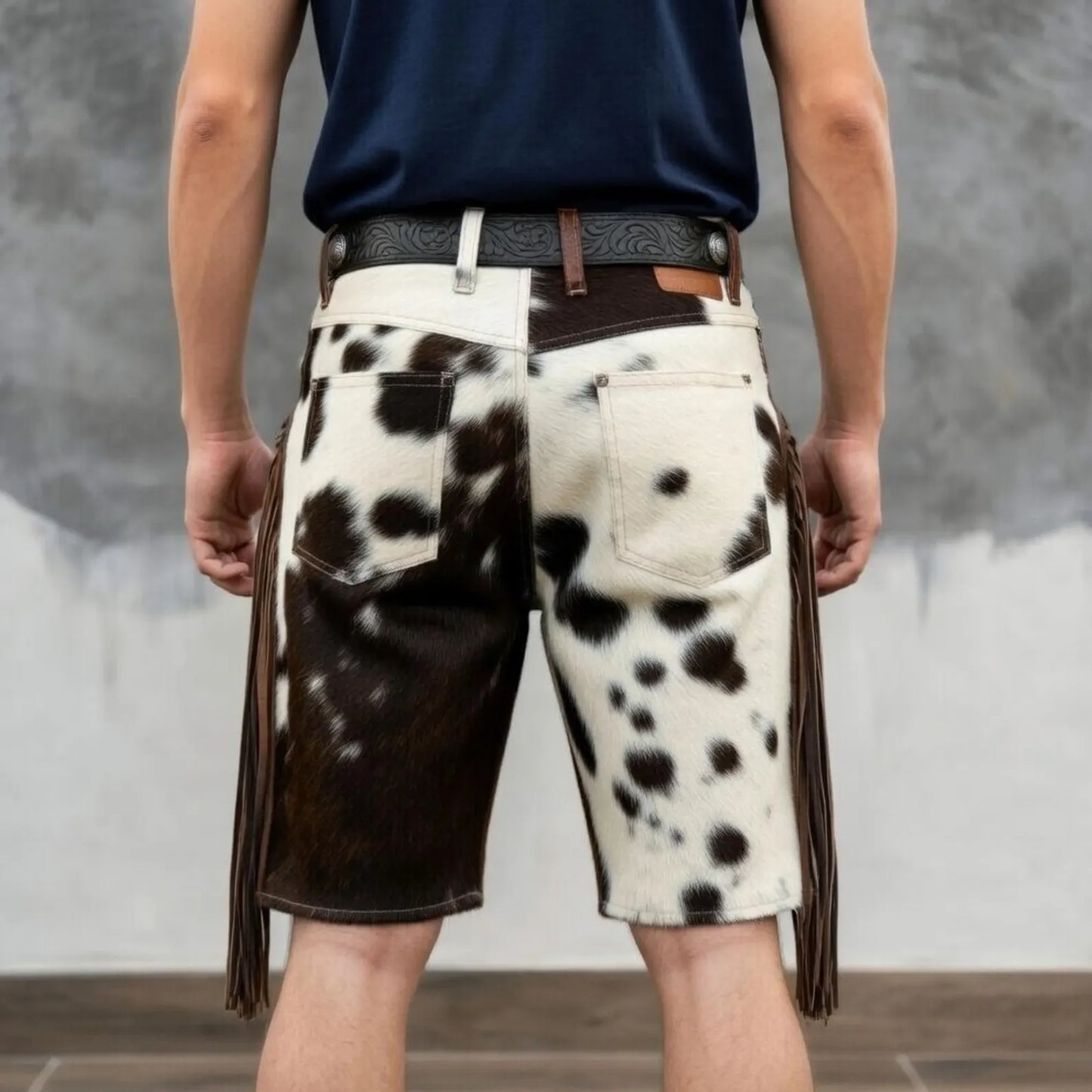 Custom Fringe Cowhide Shorts Mens Western Rodeo Wear Real Hair On Leather Spotted Tassels