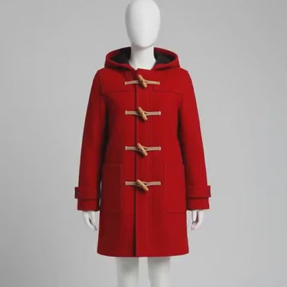 Handmade Red Wool Duffle Coat – Classic Winter Toggle Jacket for Women