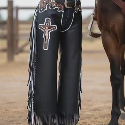 Custom Leather Bull Riding Chaps with Cross, Handmade Western Rodeo Cowboy Gear