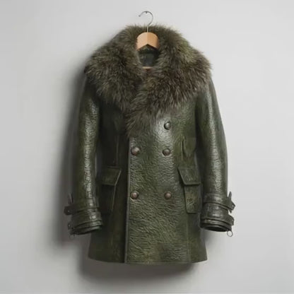 Handmade Green Leather Coat – Mens Winter Coat, Vintage Style Fur Collar Jacket