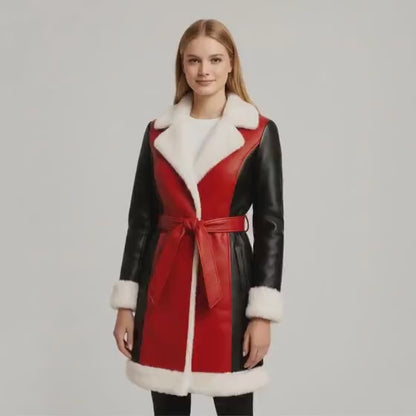 Custom Red Black Shearling Coat – Warm Faux Fur Winter Jacket for Women