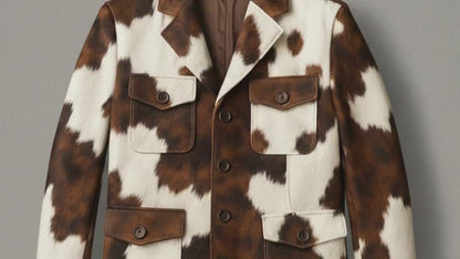 Western Cow Print Leather Jacket, Handmade Cowhide Coat, Hair on Hide Brown Jacket