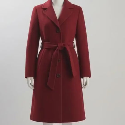 Handmade Red Wool Coat Women – Classic Belted Winter Outerwear, Minimalist Style