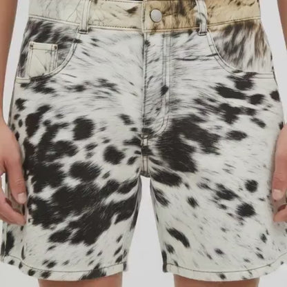 Genuine Cowhide Pony Hair Shorts for Men - Black and White Spotted Cow Print Shorts