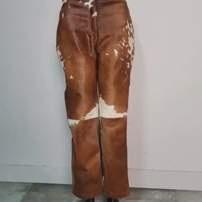 Handmade Brown Cowhide Pants – Real Hair On Hide Western Trousers for Rodeo