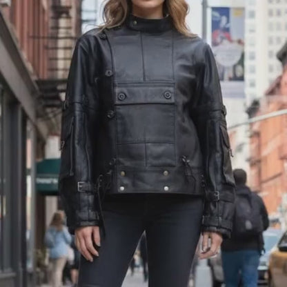 Handmade Black Leather Cyberpunk Jacket – Tactical Tech wear Biker Style