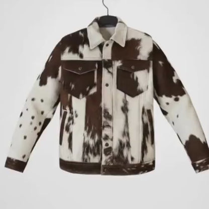 Vintage Cow Print Leather Jacket, Handmade Hair on Cowhide Coat, Western Rodeo Style