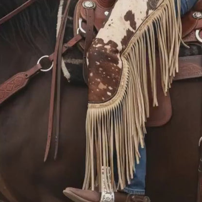 Handmade Brown Hair On Hide Cowhide Chaps with Western Fringe for Rodeo Wear