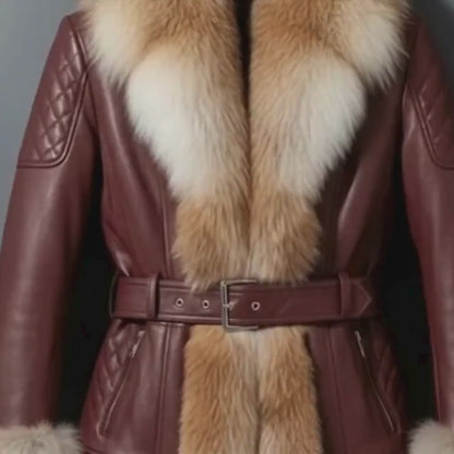 Handmade Burgundy Leather Fox Fur Jacket – Women's Winter Moto Coat, Real Fur Outerwear.