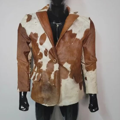 Handmade Brown White Cowhide Jacket for Men Hair On Hide Western Blazer