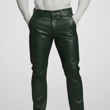 Handmade Green Biker Leather Pants for Men, Custom Edgy Streetwear Trousers Gift.